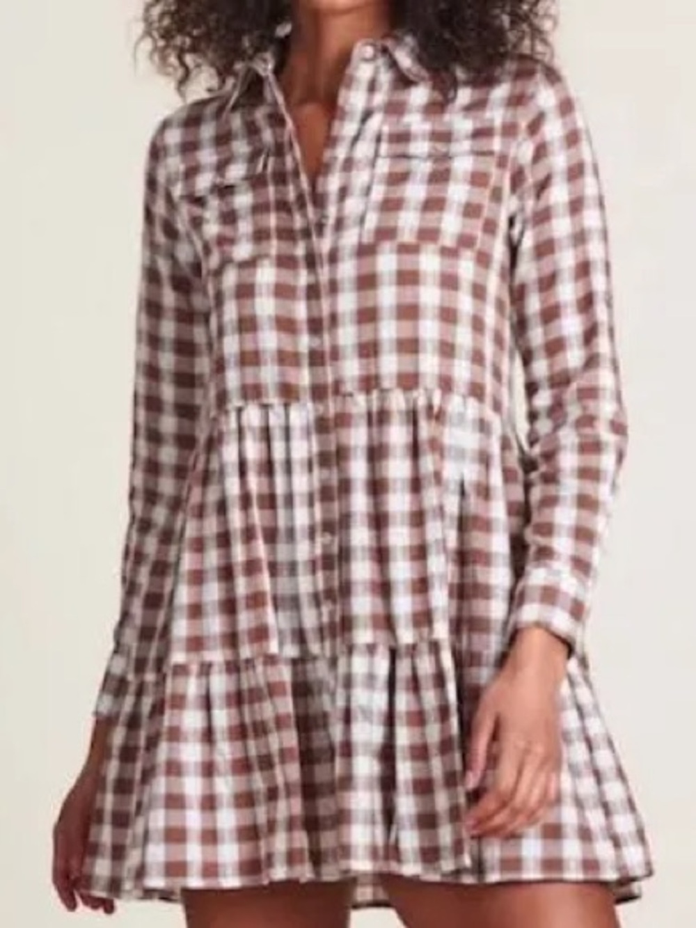 The Shirt by Rochelle Behrens Brown and White‎ Gingham Tiered Mini Shirt Dress